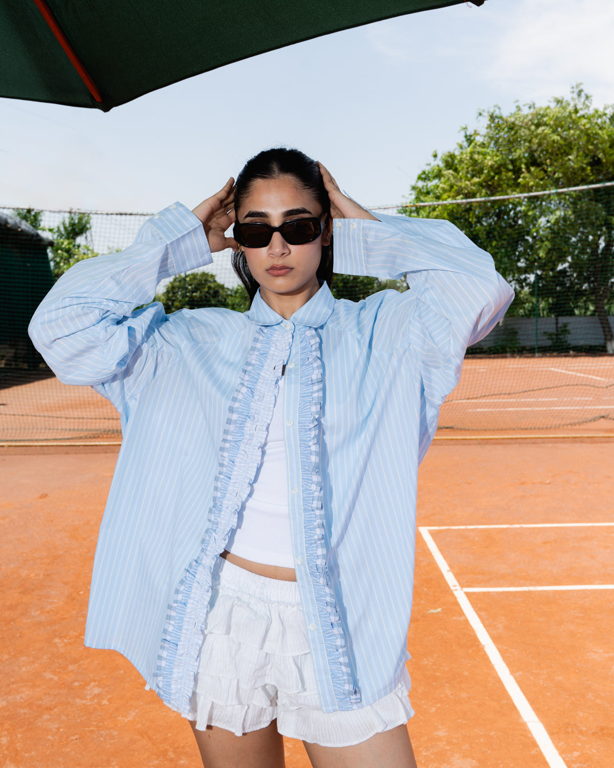 STRUCT RUFFLED PINSTRIPE SHIRT - SKY