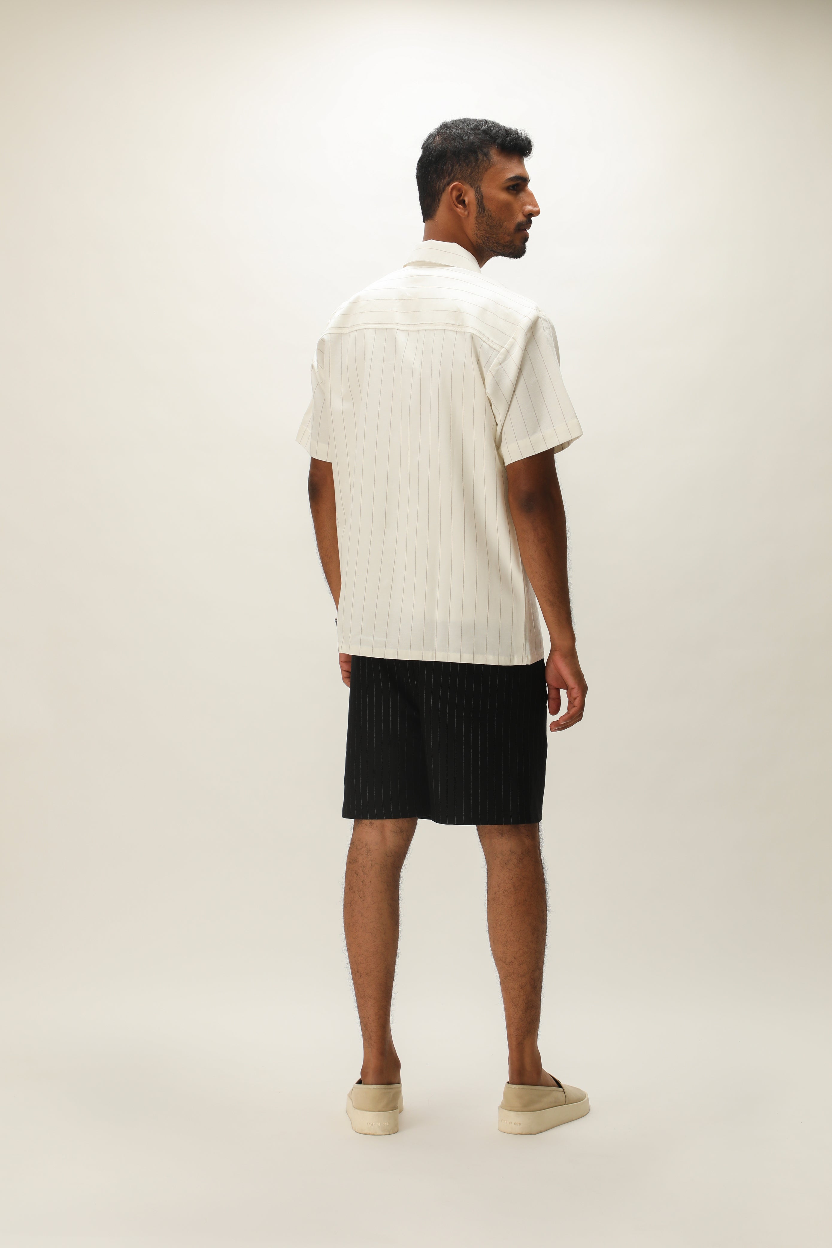 PINSTRIPE LINEN BOWLING SHIRT