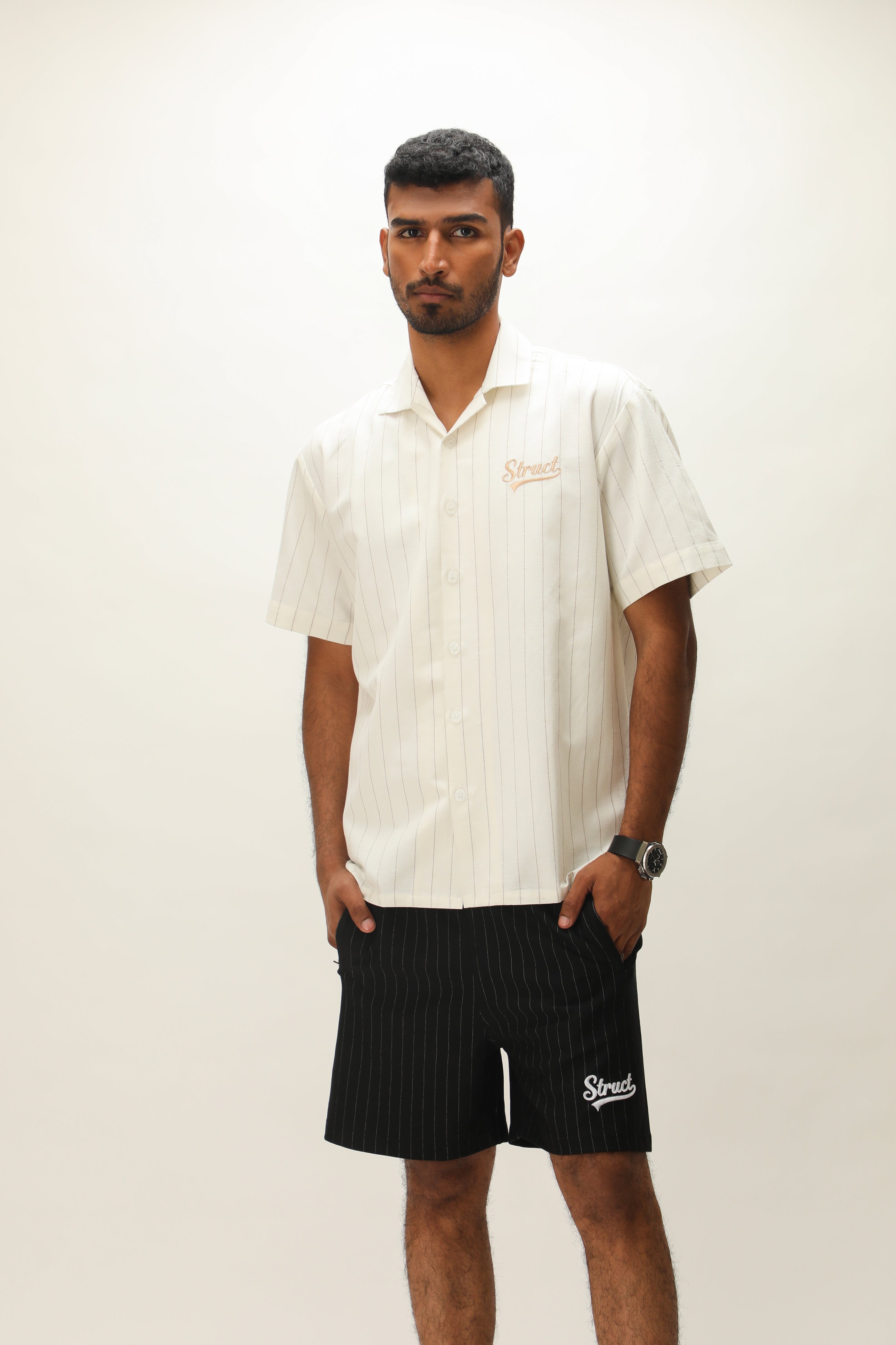 PINSTRIPE LINEN BOWLING SHIRT