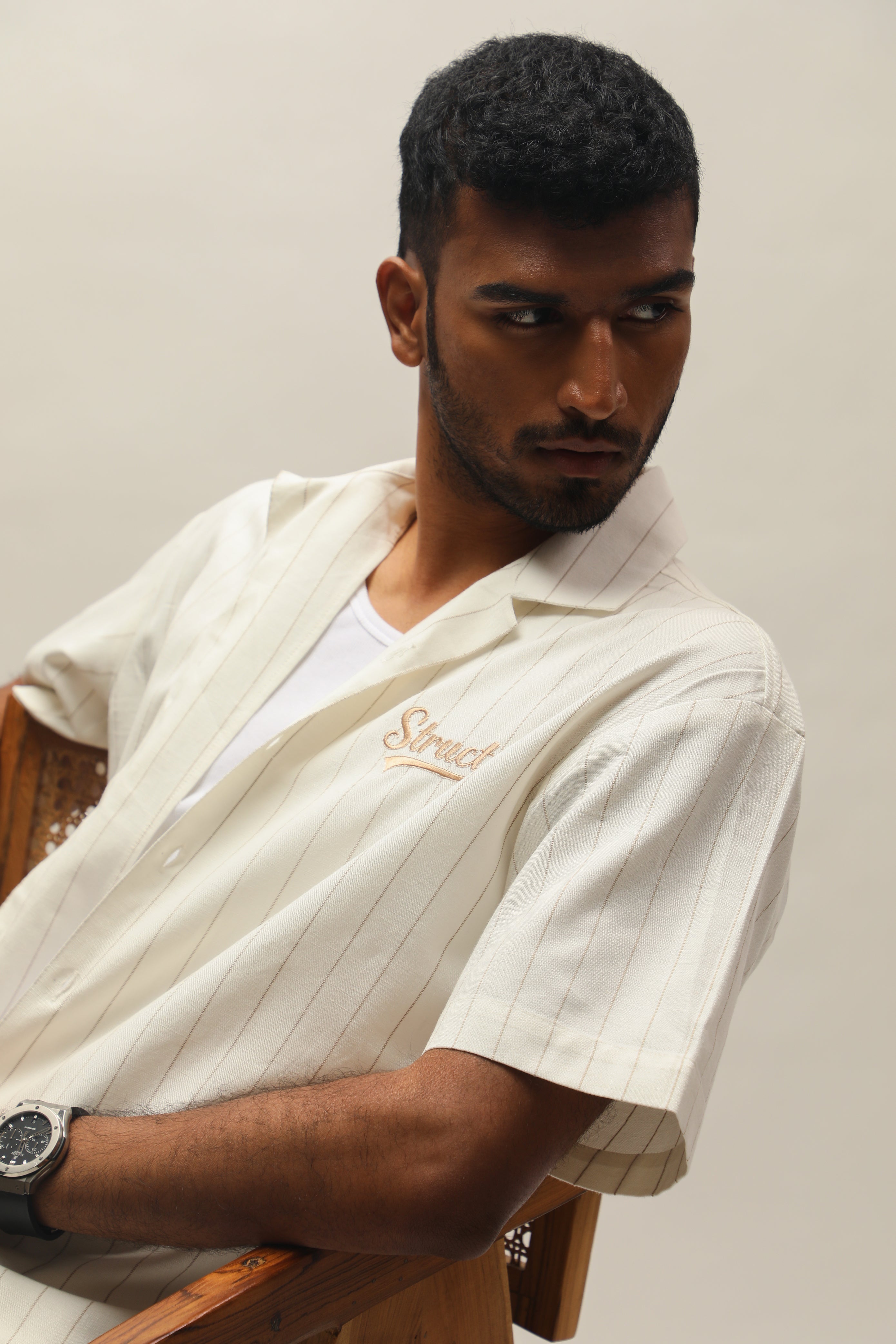 PINSTRIPE LINEN BOWLING SHIRT