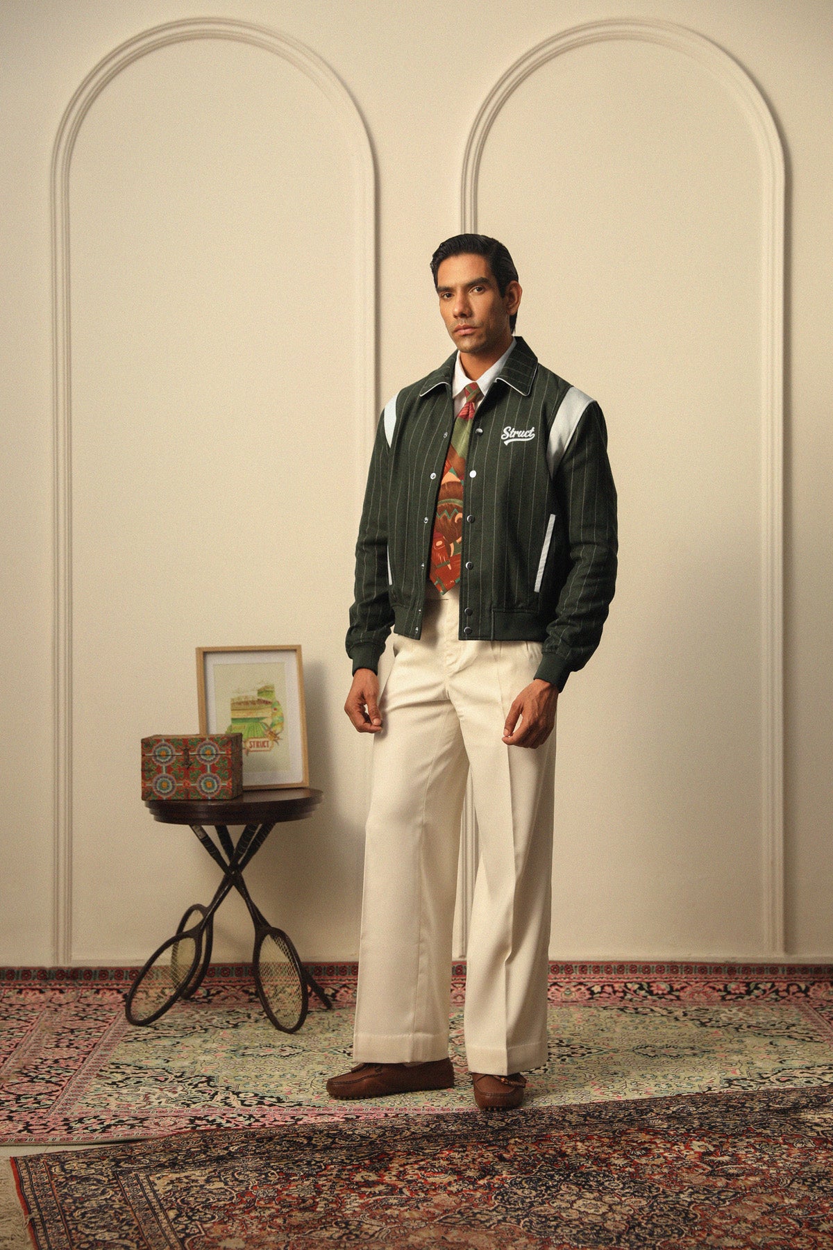 HIGHLANDERS PINSTRIPE SUITING BOMBER JACKET - II GREEN