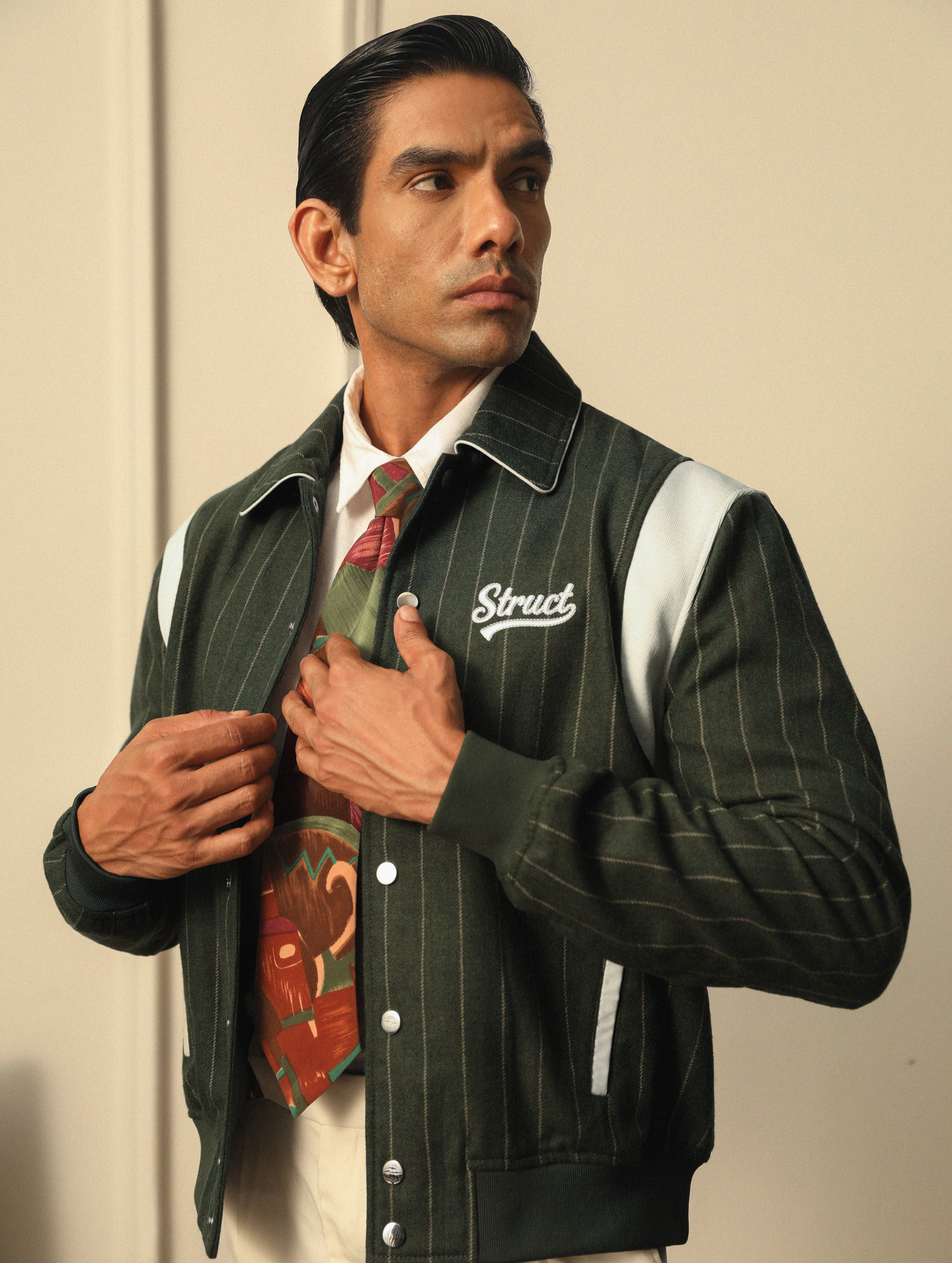 HIGHLANDERS PINSTRIPE SUITING BOMBER JACKET - II GREEN