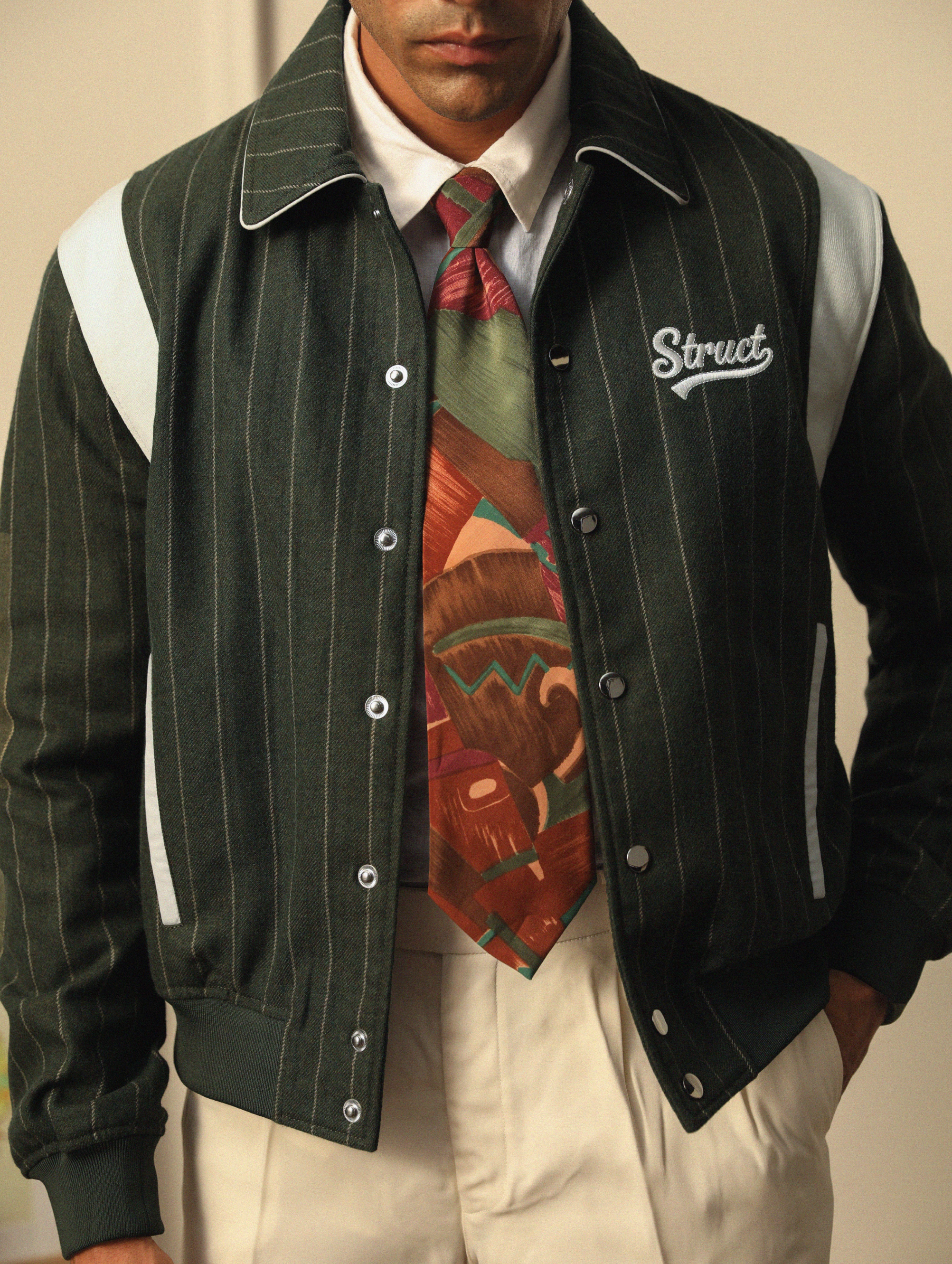 HIGHLANDERS PINSTRIPE SUITING BOMBER JACKET - II GREEN