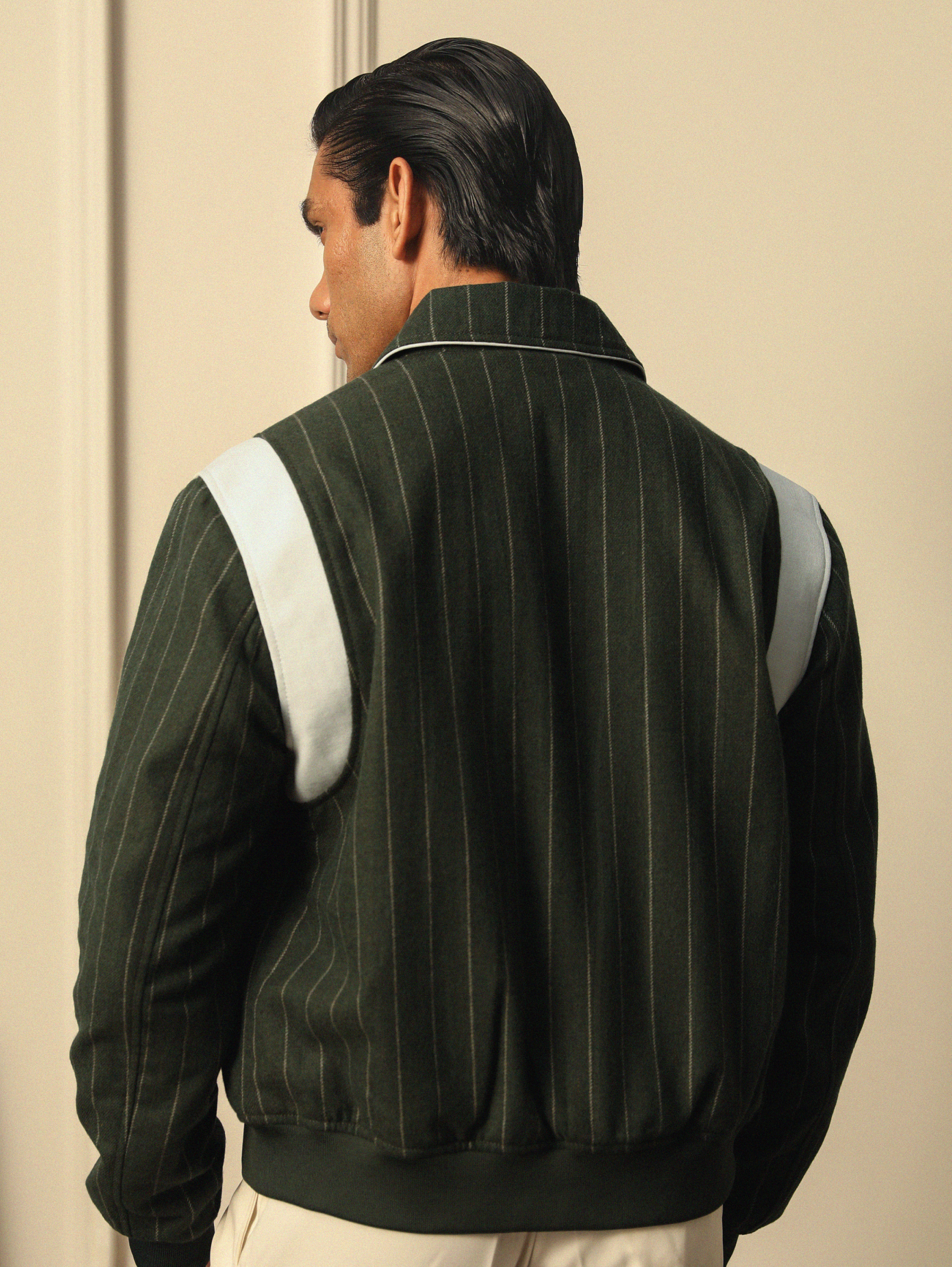 HIGHLANDERS PINSTRIPE SUITING BOMBER JACKET - II GREEN