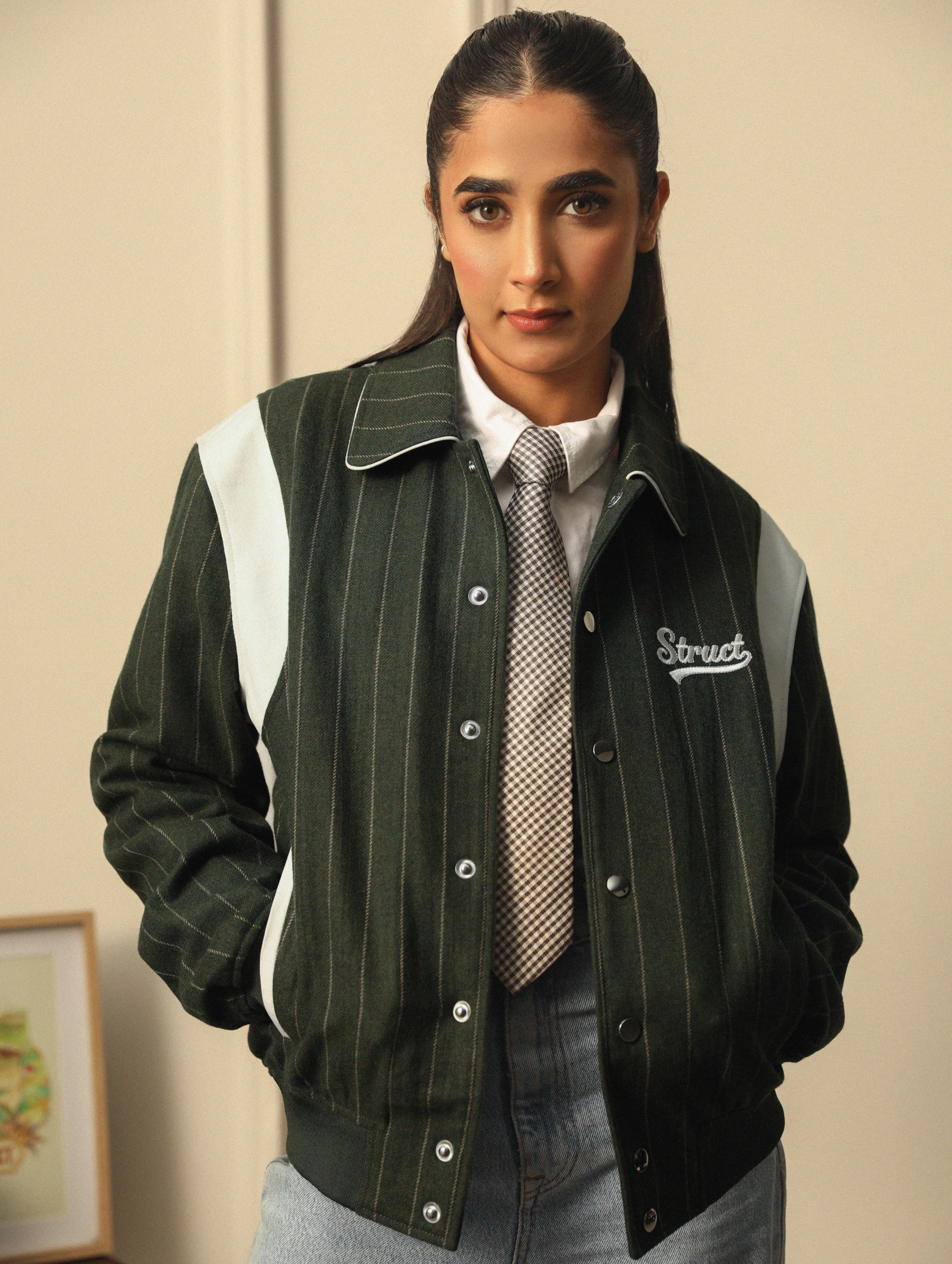 HIGHLANDERS PINSTRIPE SUITING BOMBER JACKET - II GREEN