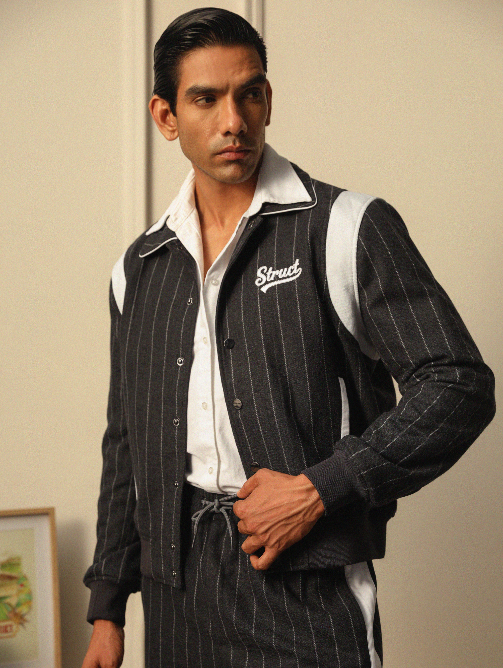 HIGHLANDERS PINSTRIPE SUITING BOMBER JACKET - II GREY